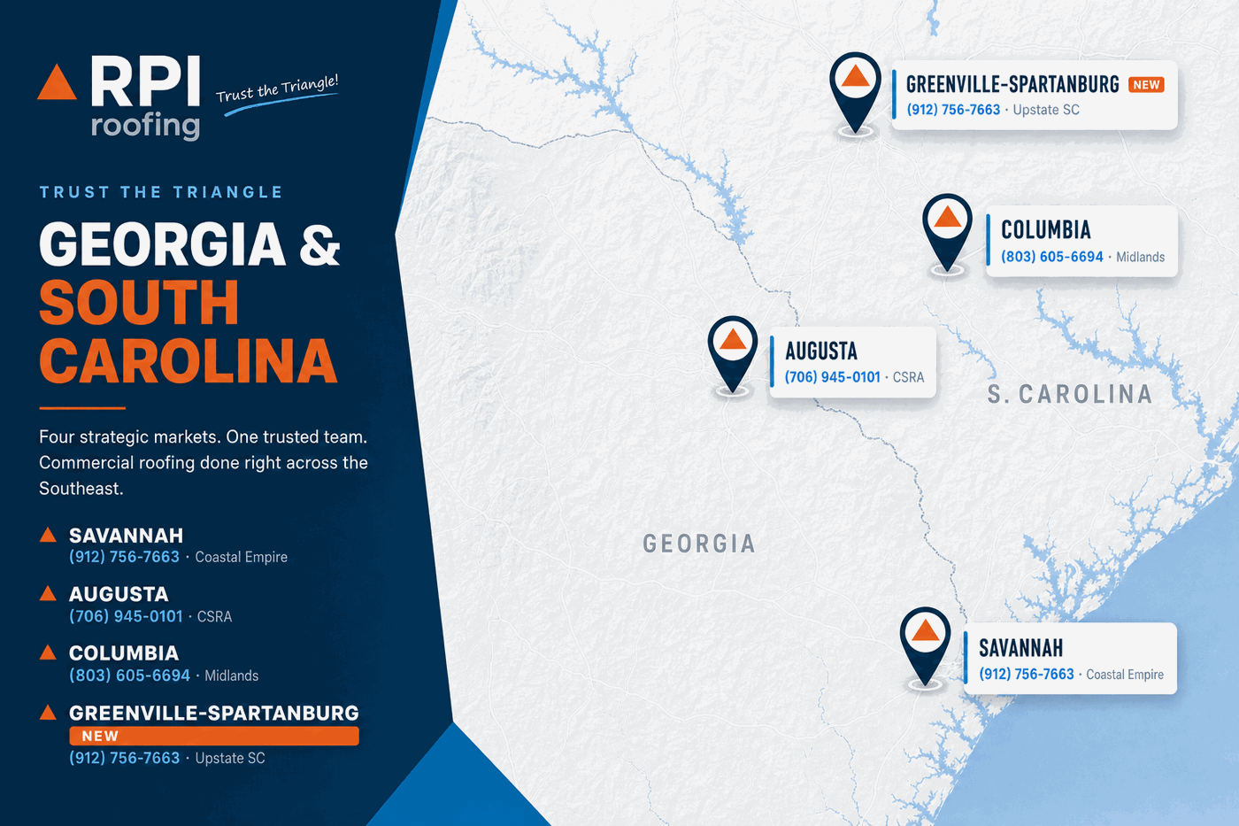 RPI Roofing coverage map of Georgia and South Carolina - Savannah, Augusta, Columbia and the new Greenville-Spartanburg market with direct office phone lines